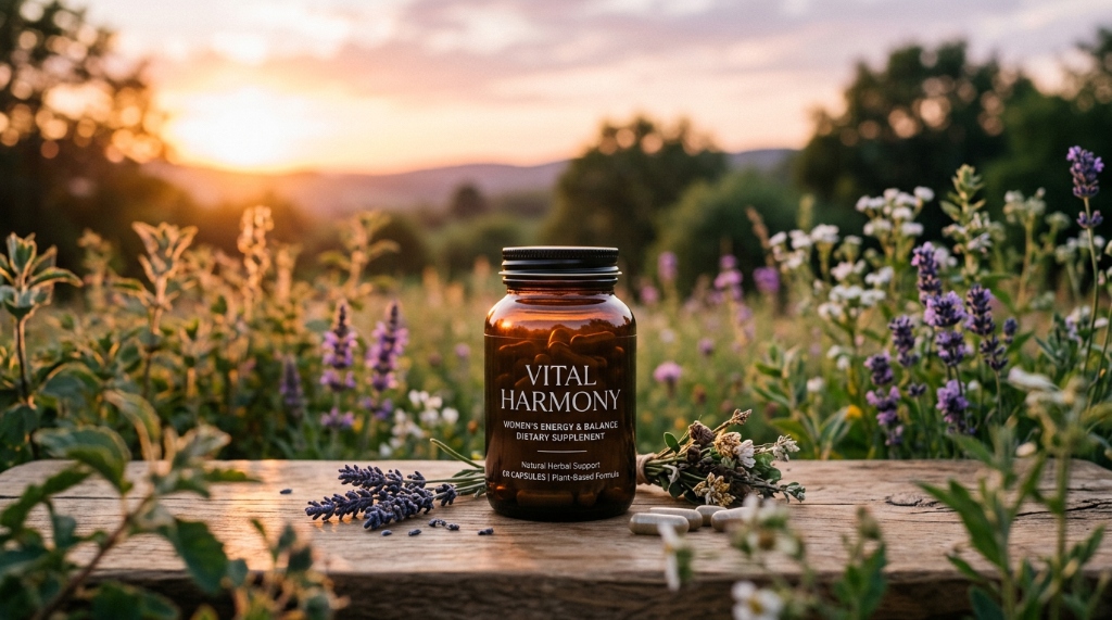 Integratore Vital Harmony in flacone di vetro ambrato immerso nella natura tra lavanda ed erbe